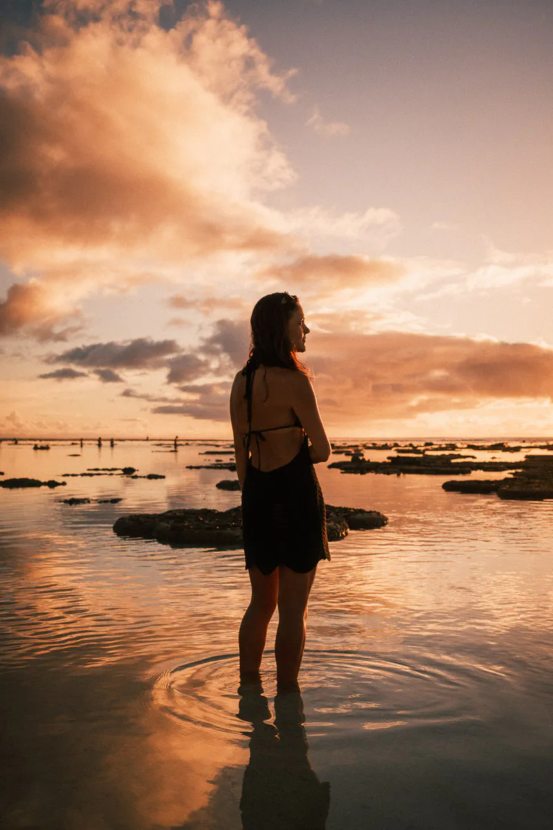 Black Rock, Sam in the water at sunset, Rarotonga