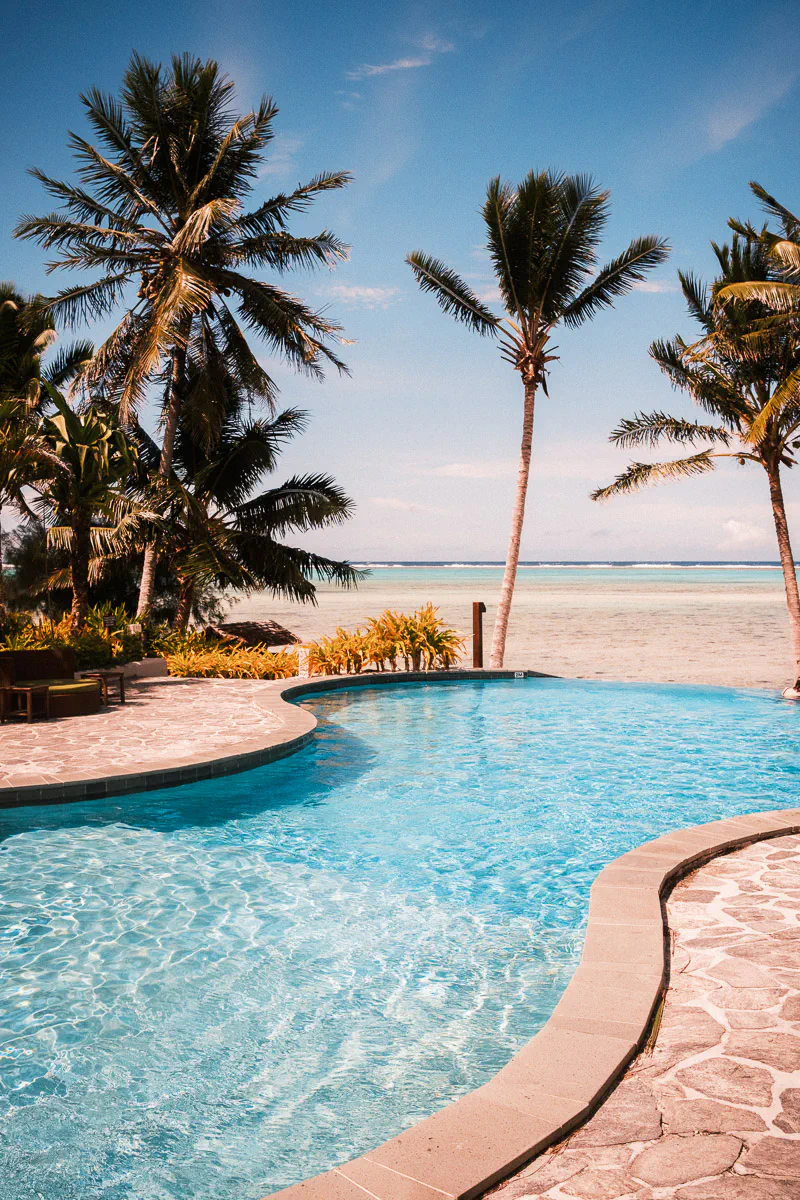 Blue swimming pool, beachfront at the Natilus Resort, Rarotonga